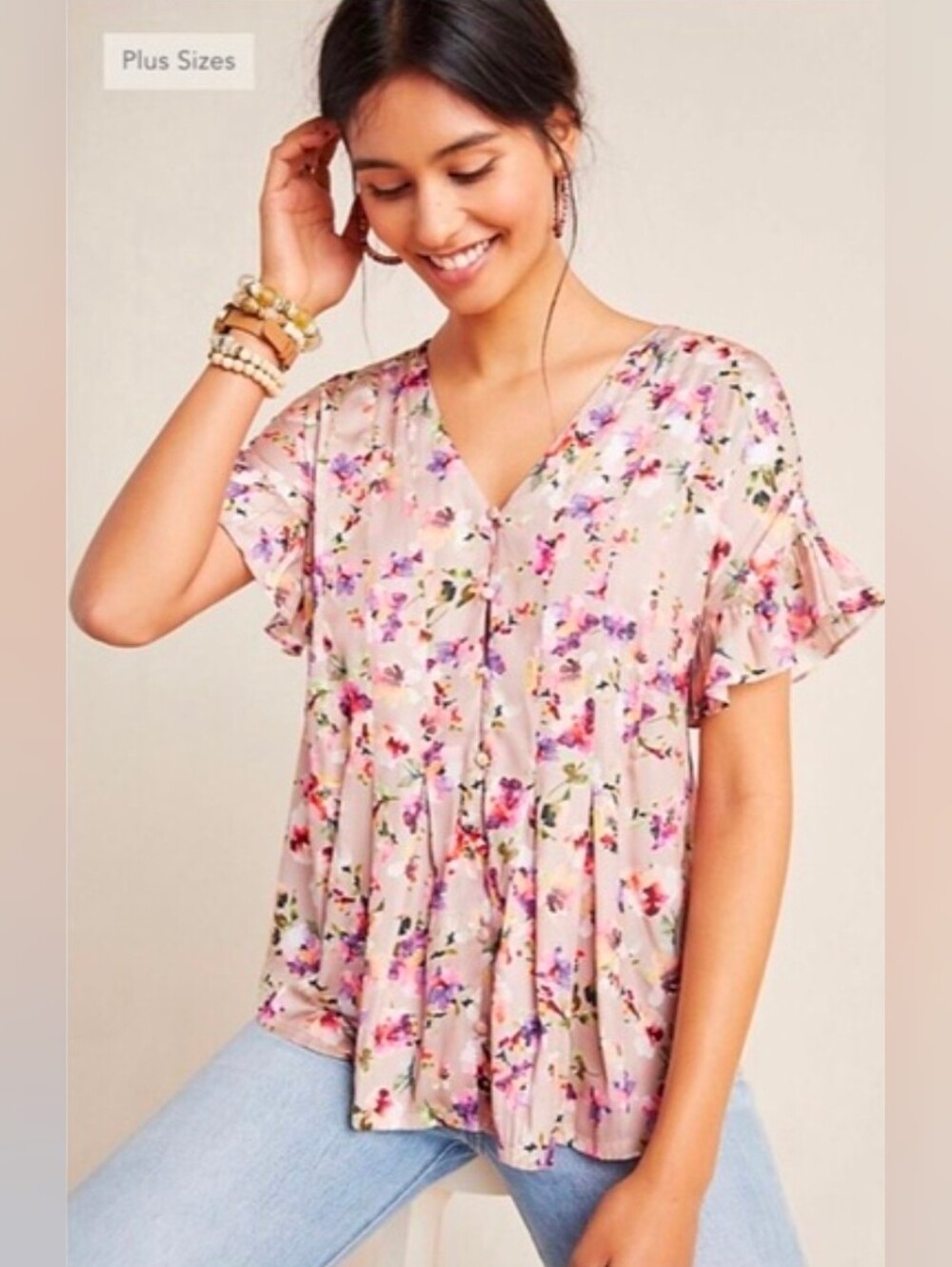 Dolan Anthropologie Pink Floral V-Neck Flutter Sleeve Blouse Size Medium